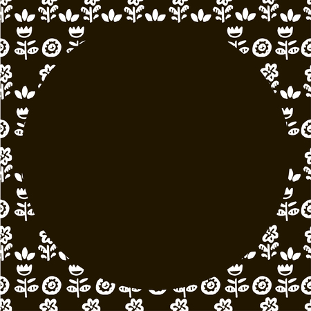 Hand drawn, Simple doodle floral frame in black and white colors.のイラスト素材