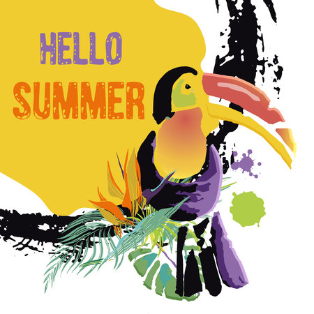 Tropical Toucan bird with grunge elements and ink drops. Wild exotic animal. Text Hello Summer. Vector illustration.のイラスト素材