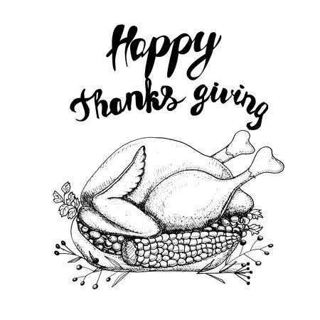 Happy Thanksgiving card. Hand drawn vector ilustration. Fried turkey with corn and green peas on a platterのイラスト素材
