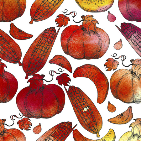 Hand drawn seamless pattern. Autumn harvest. Corns, apples, pumpkins. Watercolor texture.の写真素材