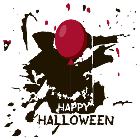 Halloween greeting card. Abctract grunge stains and splashes, red air balloon, text Happy Halloween.のイラスト素材