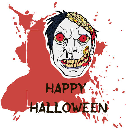 Halloween greeting card. Abctract grunge stains and splashes, hand drawn zombies, text Happy Halloween.のイラスト素材