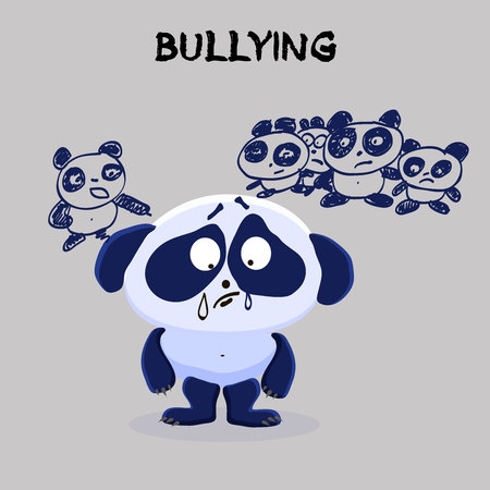 Bullying. Mental Health Problem. Little Sad panda being bullied by classmates on a gray background. Vector illustration for websites, brochures, magazines. Cartoon, Flat. Medicine concept.のイラスト素材