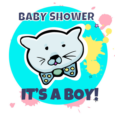 Vector baby shower greeting card. Inscription It's a boy. Little cute kitten. Abstract background.のイラスト素材