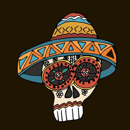 Day Of The Dead. Mexican traditional festival Dia de Los Muertos. Hand drawn skulls with floral decor on a black background.のイラスト素材