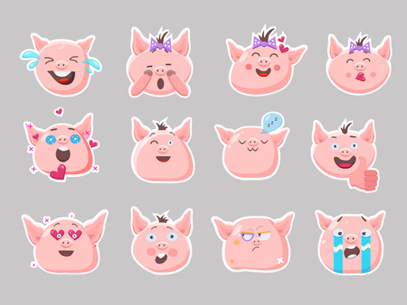 Little pink pigs.Vector set of cute funny emoji characters. Weeping, laughing, sleeping,emory, sad, surprised, angry, scared characters. Stickers. Flat style.のイラスト素材