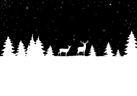 Silhouettes of deer in a snowy forest. Winter landscape. Illustration can be used for christmas greeting card, banner, poster.の写真素材