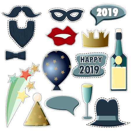 A set of attributes for photo shoots at the New Year's party 2019. New Year Photo Booth Props New Years Eve 2019. Vector illustration. Bottle of champagne balloon mustache beard hat red lips のイラスト素材