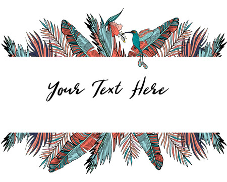 Tropical frame in coral palm leaves and monstera. Tropical background for wedding invitation, greeting cards, covers, surface, print, wrap, scrapbooking.のイラスト素材