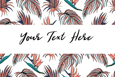 Tropical frame in coral palm leaves and monstera. Tropical background for wedding invitation, greeting cards, covers, surface, print, wrap, scrapbooking.のイラスト素材