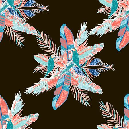 Seamless tropical pattern in coral palm leaves, exotic flowers, humming birds and monstera. Tropical background for textile, wallpaper, pattern fills, covers, surface, print, wrap, scrapbooking.のイラスト素材