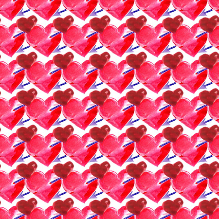 Watercolor seamless pattern. Hand painted Valentine's Day background with red heartsの写真素材