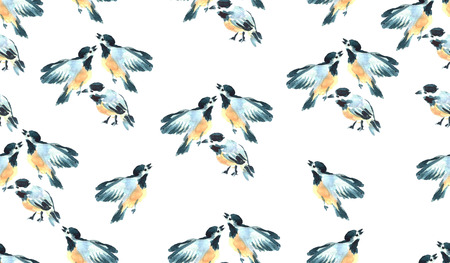 Watercolor tit birds illustration. Hand painted seamless pattern. Wild animals.の写真素材