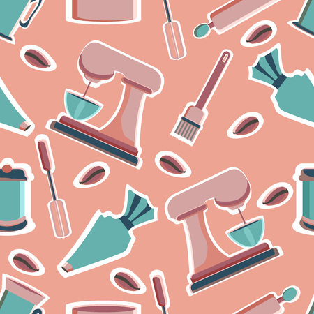 Mixer, blender, kitchen scales, shaker, timer, bowls, plates for the bakery shop. Tools for pastry maker. Vector illustration. Seamless background.のイラスト素材