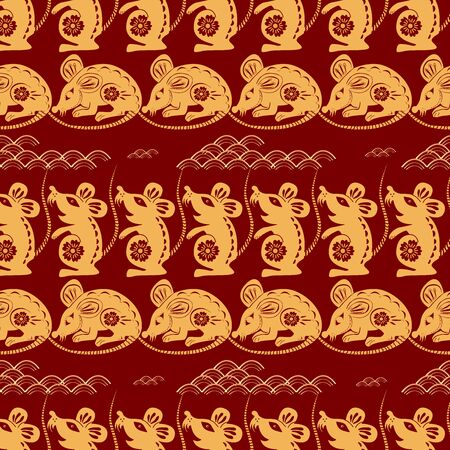Chinese lunar new year background. Rat - symbol 2020 New Year. Cloud, rat, sakura. Vector illustration for wrapping, poster, greeting cards, wallpaper.のイラスト素材
