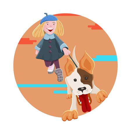 Funny blonde teen girl walking  a dog. Autumn theme. Vector cartoon illustration.のイラスト素材