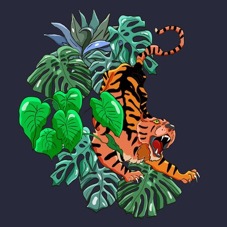 Stylish colorful vector poster with tropical wild animal. Amazing big asian tiger.のイラスト素材