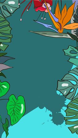 Vector social media story template for summer sale, stories. Wild life tropical background with animals, palms, exotic flowers.のイラスト素材