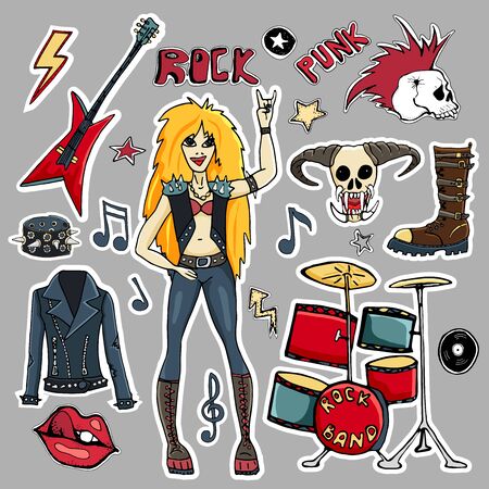 Lips, skull, guitar stars, arrows, rock symbols, rock singer, black jacket, boots, vinyl record, punk, drums, hand written tag lines.Cute  patches and stickers collection. Rock n roll concept.のイラスト素材