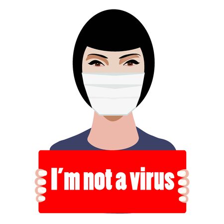 Young chinese woman in a medical mask holds a poster with the inscription I am not a virus. Vector illustration.のイラスト素材