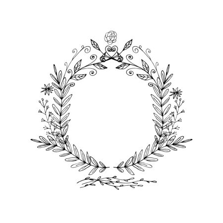 Vector hand drawn doodle wreath. Ink illustration  for anniversary cards, wedding invitations, Valentines day cards, badges, emblems.のイラスト素材