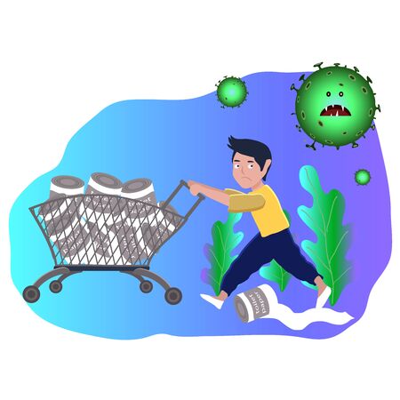 Novel coronavirus covid19 concept. A man runs away in a panic from a supermarket. People are panic buying toilet paper. Vector flat illustration.のイラスト素材