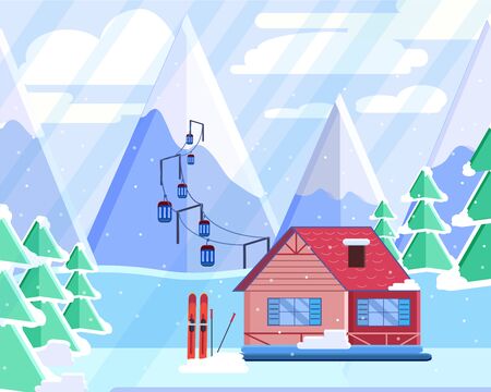 Ski Mountain Resort. Nature Vector landscape. Flat illustration.のイラスト素材