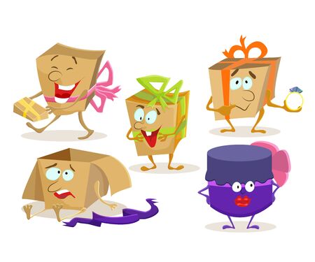 Set of cute gift boxes characters. Five funny emoji gift boxes. Cartoon vector illustration.のイラスト素材