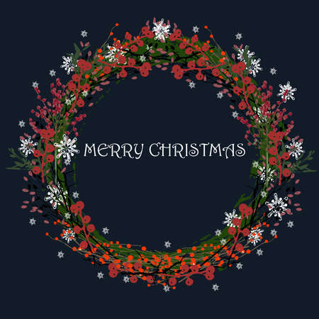 Christmas wreath on dark blue background. Christmas decor, branches of spruce, mistletoe, snowflakes, holly. Text Merry Christmas.のイラスト素材