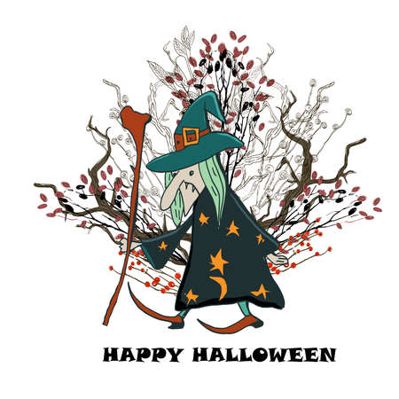 Halloween card. Old witch. Vector illustration.のイラスト素材