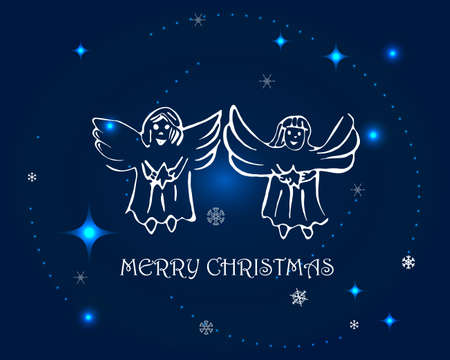 Christmas Greeting Card. Golden background, angels, snowflakes and stars, text Merry Christmas. Vector illustration.のイラスト素材