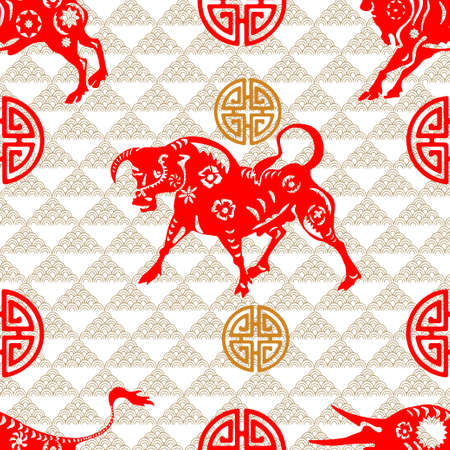 Happy Chinese New Year background. 2021 year of the Ox. Ox and traditional chinese ornaments....
