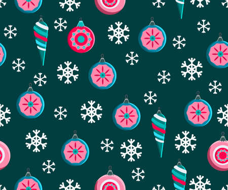 Christmas seamless pattern. Cute vector festive background woth vintage Christmas decorations, stilyzed Christmas tree, illuminations for your holiday winter decoration.のイラスト素材