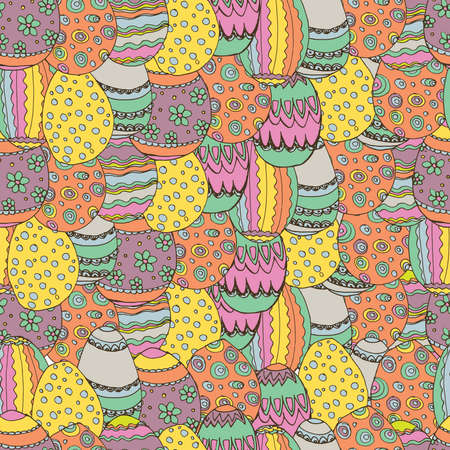 Easter seamless pattern with easter eggs, flowers, branches. Hand drawn vector illustration.のイラスト素材