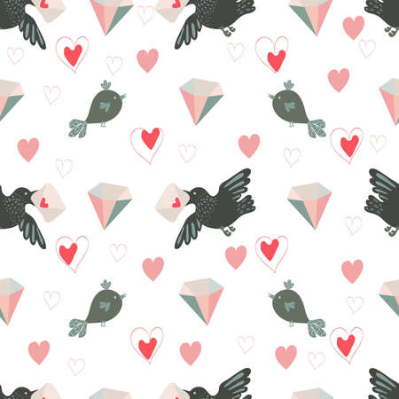 Valentines day seamless pattern with pink and red hearts, candies, cupids, diamonds and birds. Vector illustration.のイラスト素材