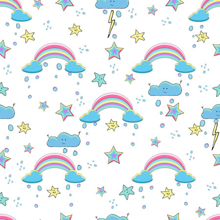 Nursery seamless pattern. Fantasy pattern with rainbow unicorns, flowers, comets and stars. Colorful bright vector background.のイラスト素材