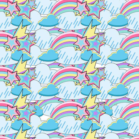 Nursery seamless pattern. Fantasy pattern with rainbow unicorns, flowers, comets and stars. Colorful bright vector background.のイラスト素材