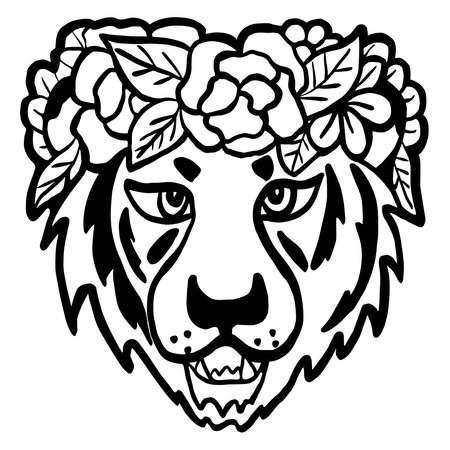 Vector tiger face with flowers. Tatoo sketch.のイラスト素材