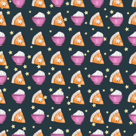 Thanksgiving Day seamless pattern. Fall theme. Repeat background with autumn leaves, pumpkins, pies, cookies, autumn fruits, turkeys.の写真素材