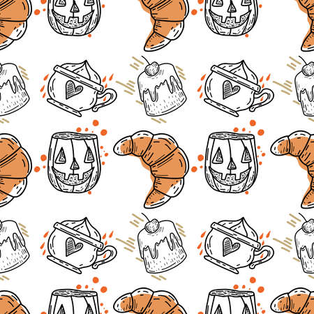 Cute Autumn Seamless Pattern With Pumpkins, Fall Leaves, Coffee, Croissant, Cakes.のイラスト素材
