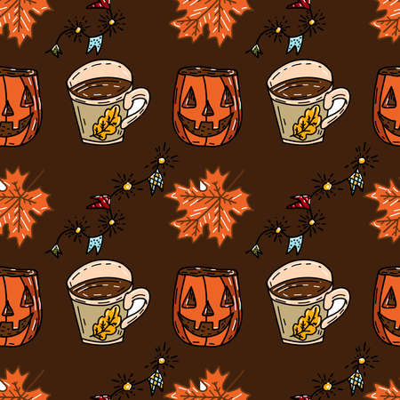 Cute Autumn Seamless Pattern With Pumpkins, Fall Leaves, Coffee, Croissant, Cakes.のイラスト素材