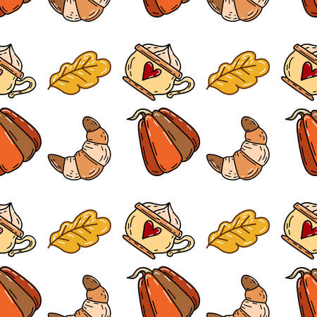 Cute Autumn Seamless Pattern With Pumpkins, Fall Leaves, Coffee, Croissant, Cakes.のイラスト素材