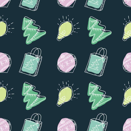 Christmas vector seamless pattern. Christmas balls, gift boxes, christmas trees, knitted hat.のイラスト素材