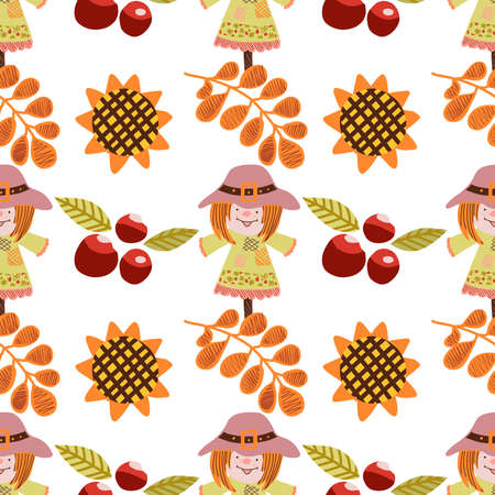 Thanksgiving Day seamless pattern. Vector illustration with turkey, pumpkins, red berries, autumn leaves, scarecrow, sunflowers, apples.のイラスト素材