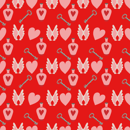 Valentines Day romantic seamless pattern with hearts, cupids, crystals, cupcakes.のイラスト素材