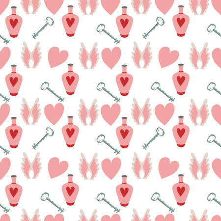 Valentines Day romantic seamless pattern with hearts, cupids, crystals, cupcakes.のイラスト素材