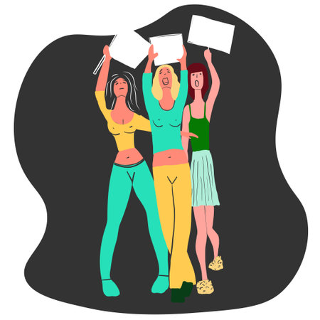Protesting women of different races with banners in their hands defend their rights to abortion. Abortion rights vector illustration. People protest against the ban on abortion in the USA.のイラスト素材