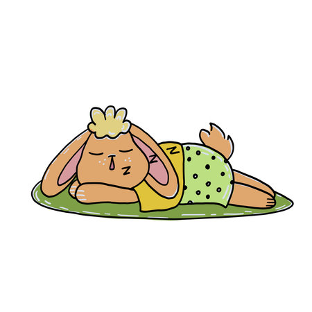 Cute little rabbit sleeps on a green lawn. Vector hand drawn cartoon illustration.のイラスト素材