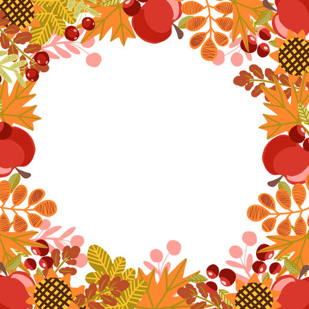 Thanksgiving day vector square frame with fall leaves, sunflowers, berries, fruits and vegetables.のイラスト素材