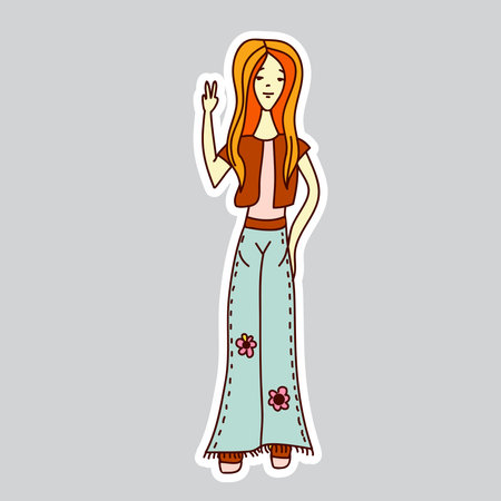 70s styles vector doodle sticker. hippie girl.のイラスト素材
